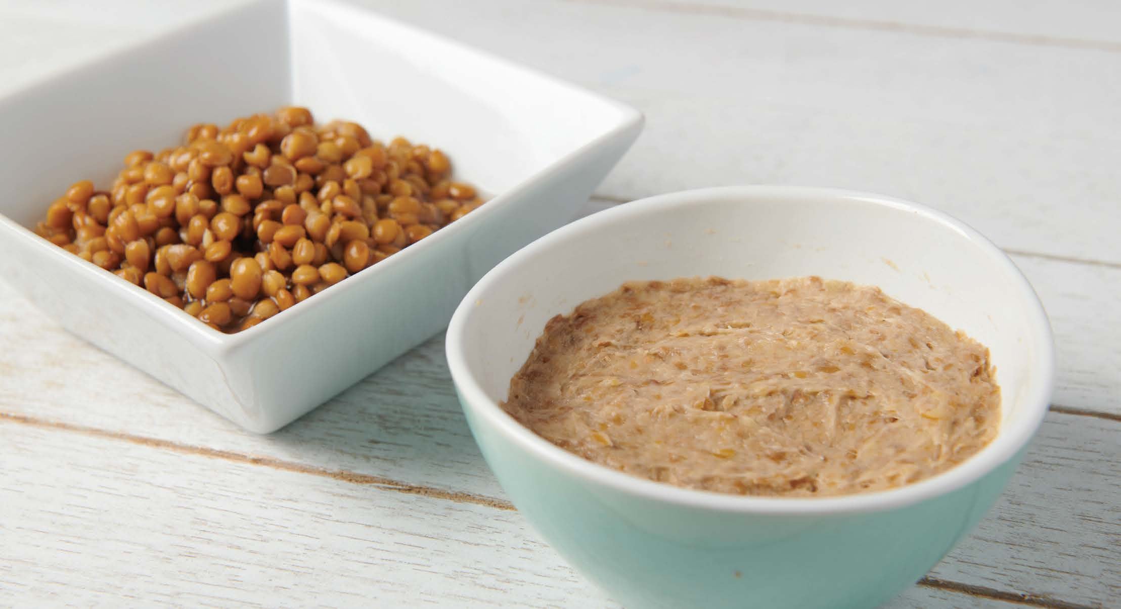 Ground tuna and soybeans in ceramic bowls